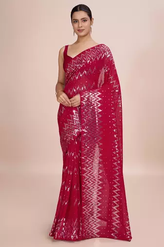 Embellished wine color  bollywood georgette saree with unstiched blouse