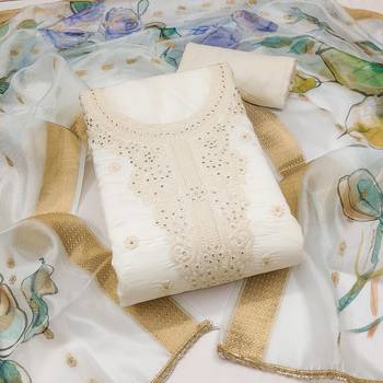Women's white embroiderd pure cotton silk dress material 1