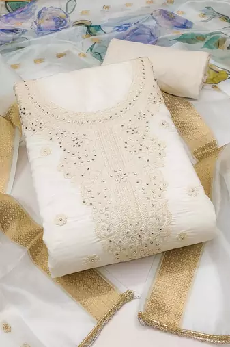 Women's white unstitched embroiderd pure cotton silk dress material 