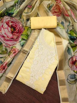Women's beige embroiderd pure cotton silk dress material 3