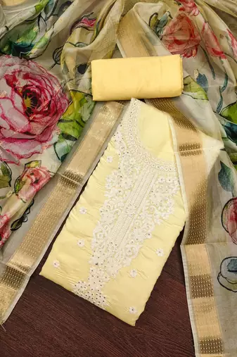 Women's beige embroiderd pure cotton silk dress material