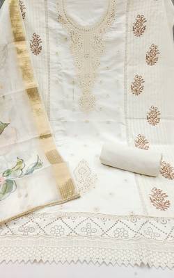 Women's white embroiderd pure cotton silk dress material 2