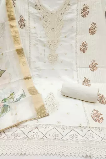 Women's white embroiderd pure cotton silk dress material