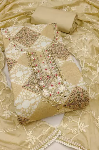 Women's multi unstitched handwork cembric cotton dress material 