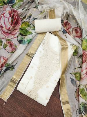 Women's white embroiderd pure cotton silk dress material 3