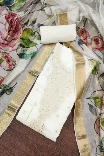 Women's white embroiderd pure cotton silk dress material