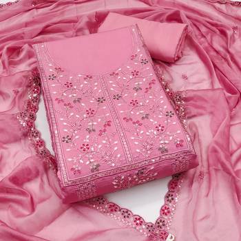 Women's pink embroiderd pure cotton silk dress material 1