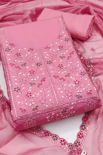 Women's pink unstitched embroiderd pure cotton silk dress material 