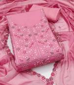 Women's pink unstitched embroiderd pure cotton silk dress material 