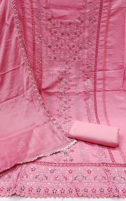 Women's pink embroiderd pure cotton silk dress material 2