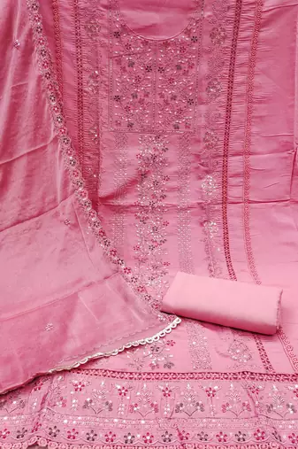 Women's pink embroiderd pure cotton silk dress material
