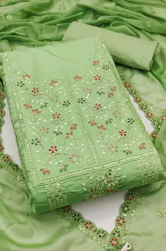 Women's light green unstitched embroiderd pure cotton silk dress material 
