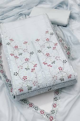 Women's grey unstitched embroiderd pure cotton silk dress material 