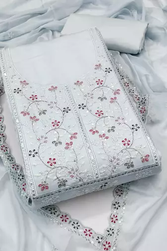 Women's grey unstitched embroiderd pure cotton silk dress material 