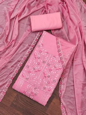 Women's pink embroiderd pure cotton silk dress material 3
