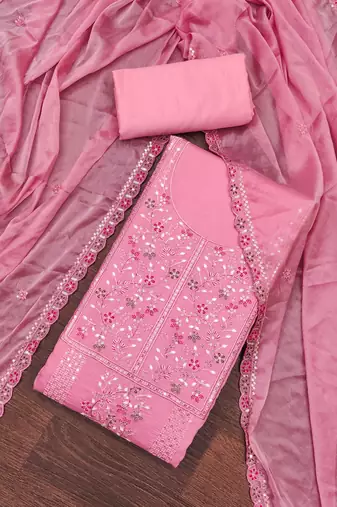 Women's pink embroiderd pure cotton silk dress material