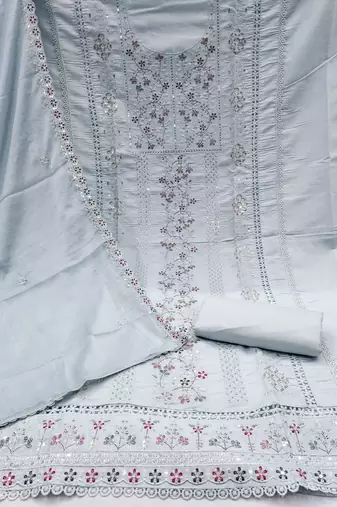Women's grey embroiderd pure cotton silk dress material
