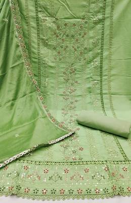 Women's light green embroiderd pure cotton silk dress material 2