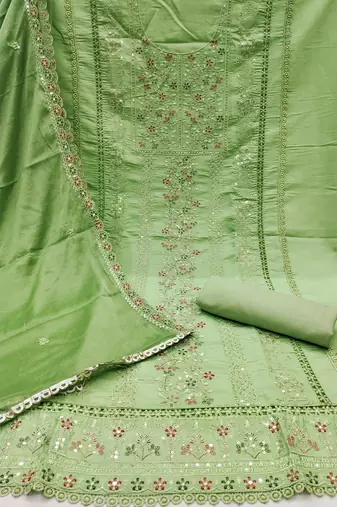 Women's light green embroiderd pure cotton silk dress material