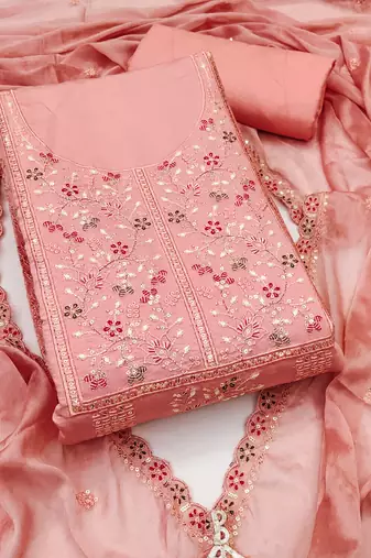 Women's peach unstitched embroiderd pure cotton silk dress material 