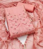 Women's peach unstitched embroiderd pure cotton silk dress material 