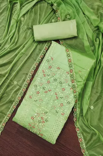 Women's light green embroiderd pure cotton silk dress material