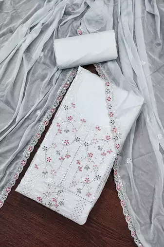 Women's grey embroiderd pure cotton silk dress material
