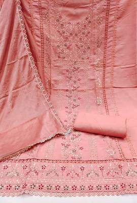 Women's peach embroiderd pure cotton silk dress material 2