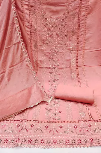 Women's peach embroiderd pure cotton silk dress material