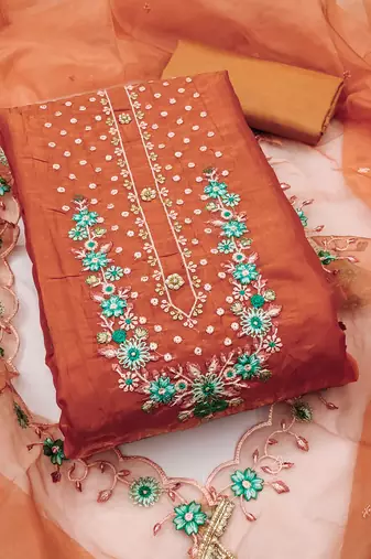 Women's peach unstitched embroiderd viscose golden crush dress material 