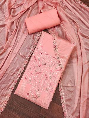 Women's peach embroiderd pure cotton silk dress material 3