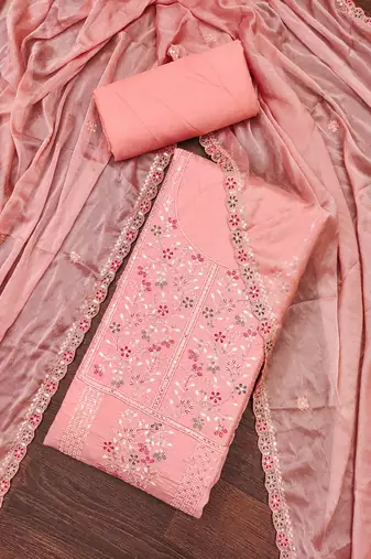 Women's peach embroiderd pure cotton silk dress material