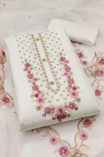 Women's white unstitched embroiderd viscose golden crush dress material 