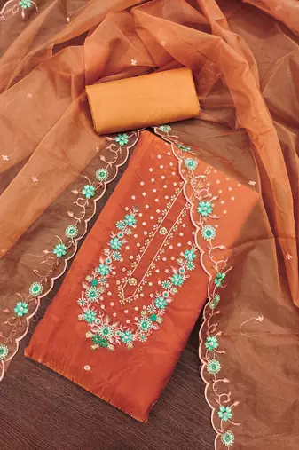 Women's peach embroiderd viscose golden crush dress material