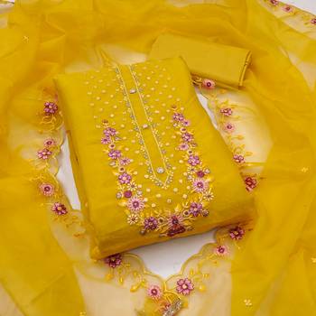 Women's leamon yellow embroiderd viscose golden crush dress material 1
