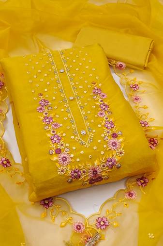 Women's leamon yellow unstitched embroiderd viscose golden crush dress material 