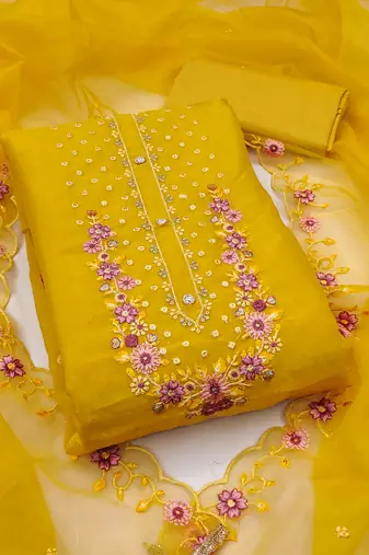 Women's leamon yellow unstitched embroiderd viscose golden crush dress material 