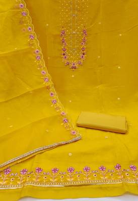 Women's leamon yellow embroiderd viscose golden crush dress material 2