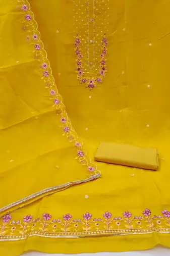 Women's leamon yellow embroiderd viscose golden crush dress material
