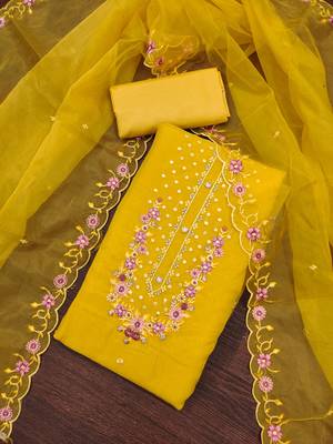 Women's leamon yellow embroiderd viscose golden crush dress material 3