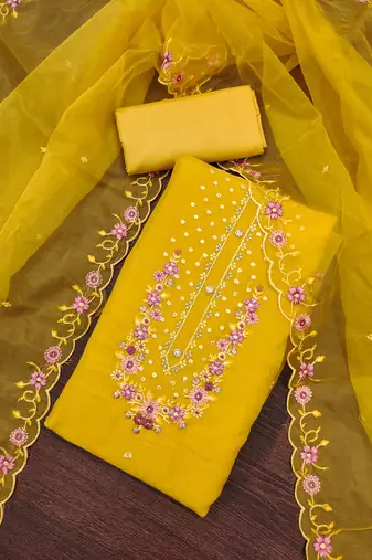 Women's leamon yellow embroiderd viscose golden crush dress material