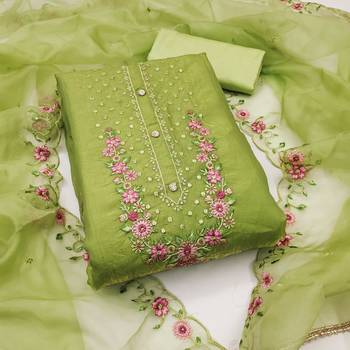 Women's light olive green embroiderd viscose golden crush dress material 1