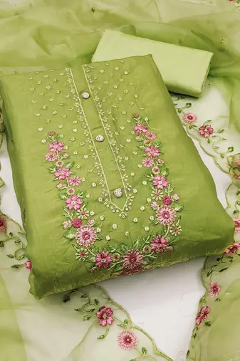 Women's light olive green unstitched embroiderd viscose golden crush dress material 