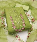 Women's light olive green embroiderd viscose golden crush dress material