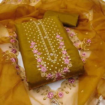 Women's light green embroiderd viscose golden crush dress material 1