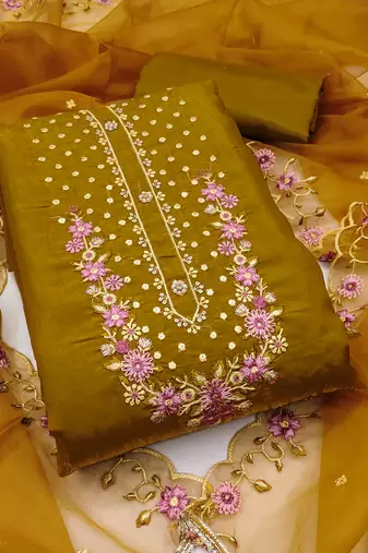 Women's light green unstitched embroiderd viscose golden crush dress material 