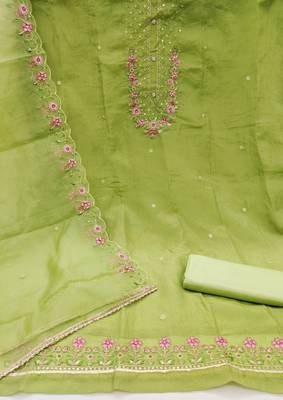 Women's light olive green embroiderd viscose golden crush dress material 2