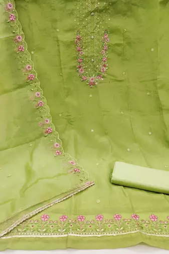 Women's light olive green embroiderd viscose golden crush dress material