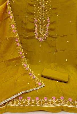 Women's light green embroiderd viscose golden crush dress material 2