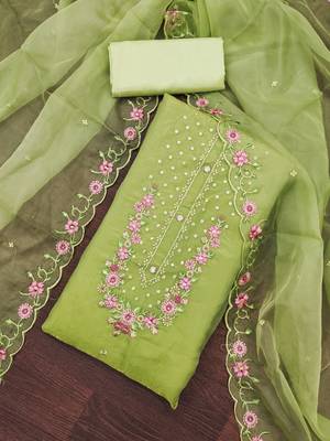 Women's light olive green embroiderd viscose golden crush dress material 3